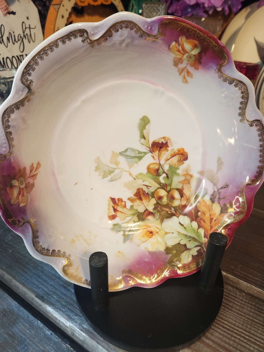 Decorative Pink Porcelain Bowl with Floral Gold Trim